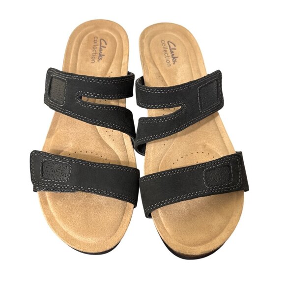 Clarks Calenne Maye Women's Black Leather Wedge Slide Sandals Two Straps Size 11 - Picture 7 of 14